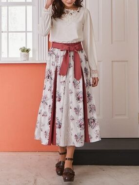 Romantic Floral Maxi Skirt in Dusty Rose and White
